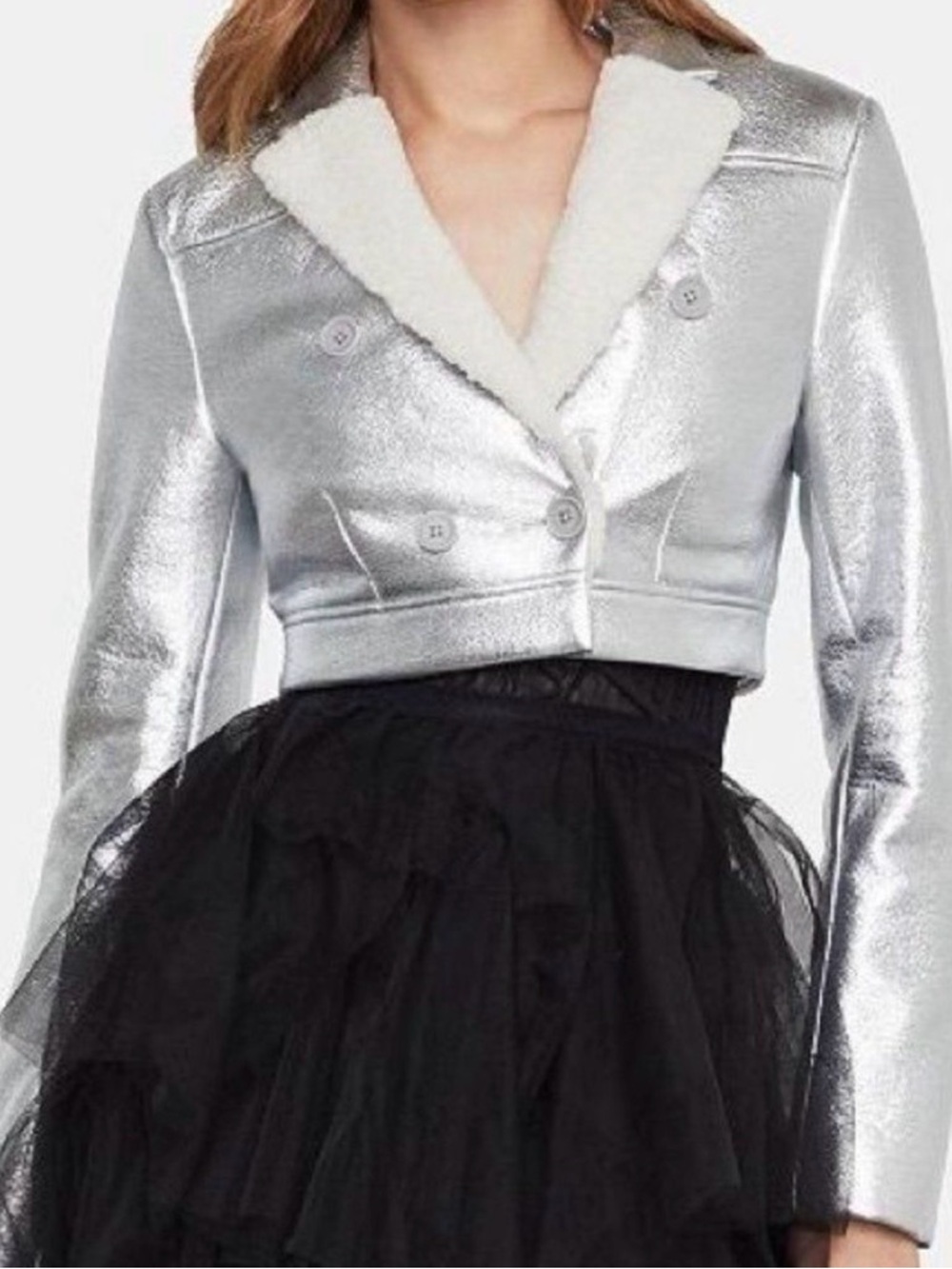 BCBGMAXAZRIA‎ Women’s Silver Metallic
Faux Shearling Cropped Moto Jacket